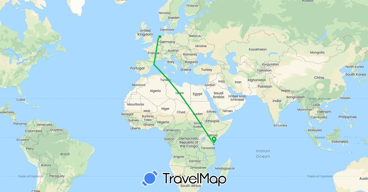 TravelMap itinerary: driving, bus in Spain, Kenya, Netherlands (Africa, Europe)